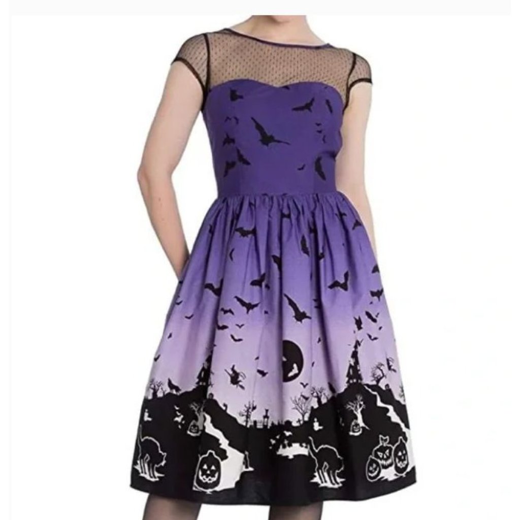 Purple Rockabilly Goth Punk Halloween Dress Bats Haunted House Print Sheer Mesh — image 2 of 8
